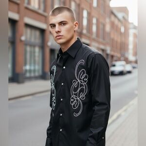 Vintage Monzini Black Embroidered Western Shirt USA Made 3X Button Up